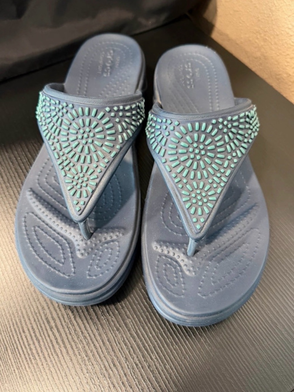 CROCS Navy Blue Thong Sandals with Mint Bead Accents